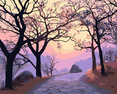 Ilta-auringon laskiessa polku kulkee läpi kirsikkapuiden, joiden oksat muodostavat varjoisia kaaria taivaan vaaleanpunaisia sävyjä vasten.